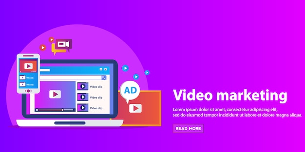 Concetti per video marketing, pubblicità, social media, applicazioni e servizi web e mobili, e-commerce, seo. Vettore Premium
