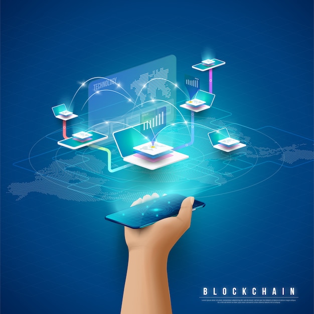 Concetto di elaborazione di big data, stazione energetica del futuro, data center, criptovaluta e blockchain Vettore Premium