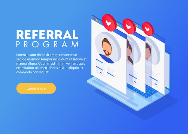 Concetto di marketing del programma referral isometrico, strategia del programma di riferimento, amici di riferimento, marketing di rete Vettore Premium