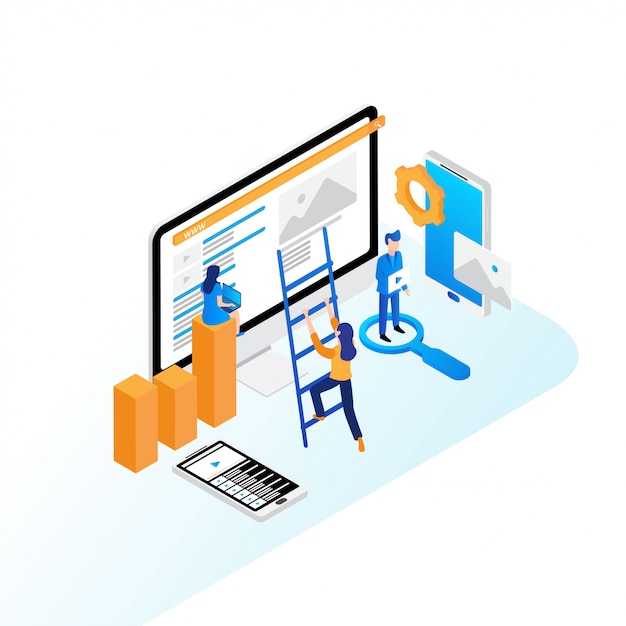 Concetto di ottimizzazione seo design isometrico piatto Vettore Premium