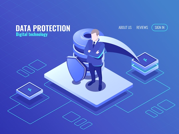 Concetto di protezione dei dati, l'uomo nel mantello supereroe, icona isometrica del database, scudo protetto Vettore gratuito
