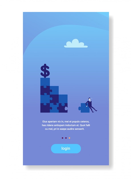 Concetto di seduta di scopo di motivazione dei soldi del dollaro della soluzione di problema della scala di puzzle della parte dell'uomo d'affari Vettore Premium
