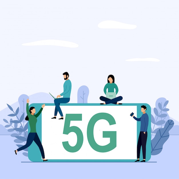 Connessione wifi sistema wireless di rete 5g, internet mobile ad alta velocità. utilizzando moderni dispositivi digitali, illustrazione di affari Vettore Premium