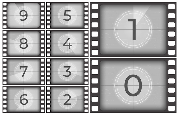 Conto alla rovescia per film cinematografici, fotogrammi di film vecchi, numeri di conteggio di schermate introduttive vintage o fotogrammi timer retrò Vettore Premium