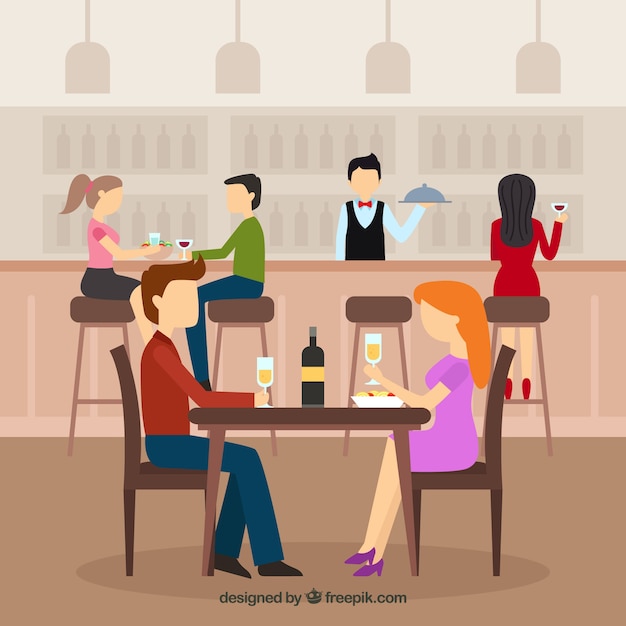Coppia da pranzo in un ristorante in design piatto Vettore gratuito