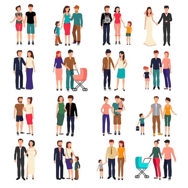 Coppie eterosessuali e famiglie con l'insieme del piano dei bambini isolato sul illustr bianco di vettore del fondo Vettore gratuito