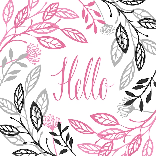 Cornice floreale astratta colore grigio e rosa ciao calligraphy lettering oggetto vettoriale isolato Vettore gratuito