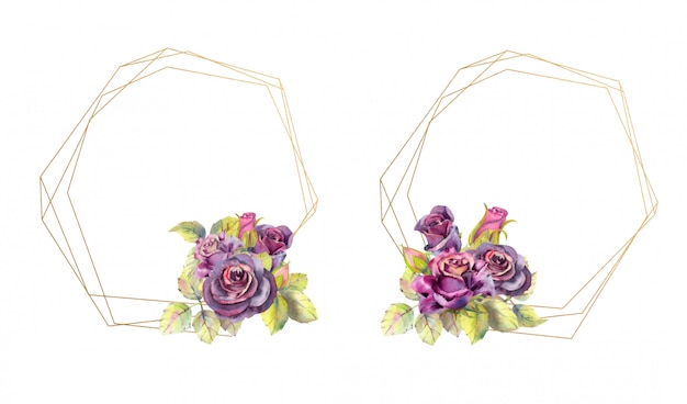 Cornici geometriche in oro con fiori di rosa. stile acquerello Vettore Premium