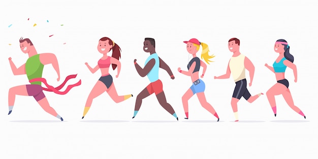 Corridori donne e uomini. atleta personaggio persone sulla maratona. Vettore Premium