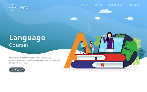 Corsi di lingua pagina di destinazione, modello di sito web, facile da modificare e personalizzare, illustrazione vettoriale Vettore Premium