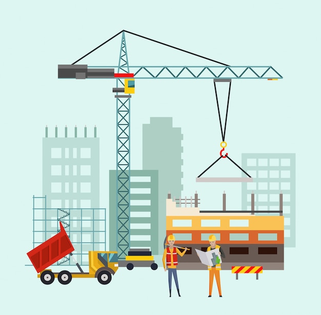 Costruttori sul cantiere. processo di costruzione di edifici con case e macchine da costruzione. illustrazione vettoriale con persone Vettore Premium