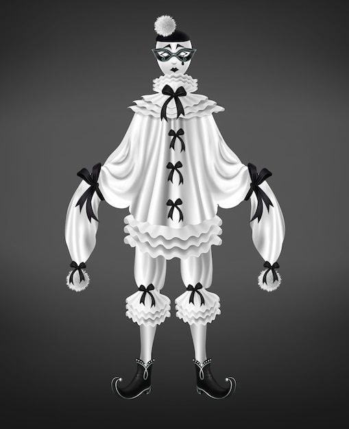 Costume bianco di pierrot con fiocchi neri e pompon su maniche lunghe Vettore gratuito
