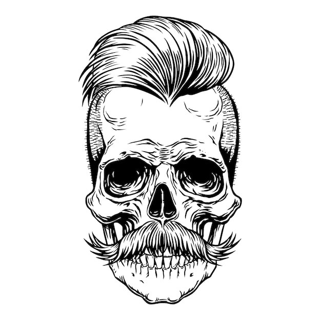 Vettore Premium Cranio Di Barberman Con Baffi Disegno Nero Del Tatuaggio Illustrazione Disegnata A Mano Di Arte Di Linea