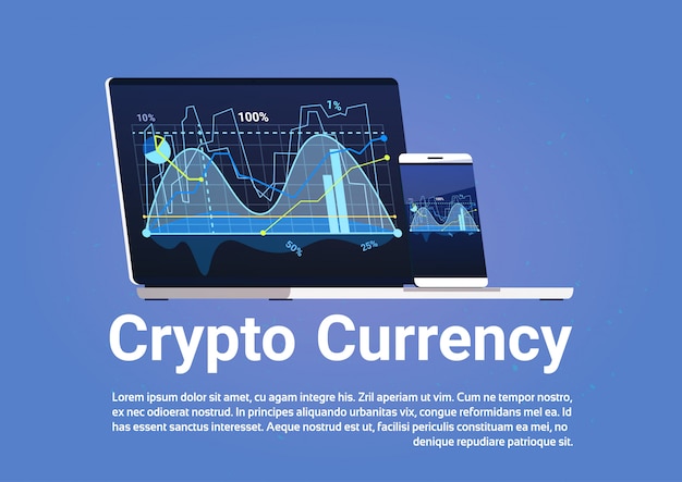 Crypto valuta concetto bitcoin digitale soldi grafici sul computer portatile web banner Vettore Premium
