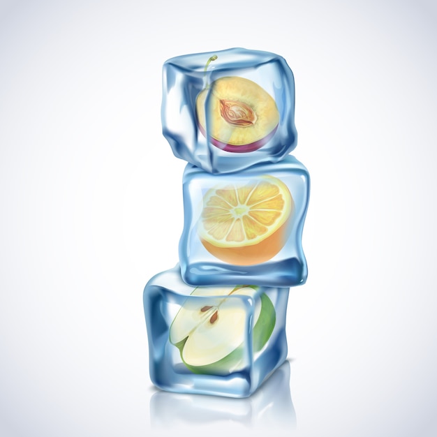 Cubetti di ghiaccio realistico con frutta all'interno su sfondo bianco Vettore gratuito