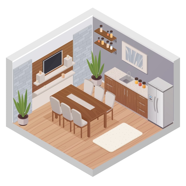 Cucina concetto di design isometrico interno con mobili moderni televisore e tavolo da pranzo per sei pers Vettore gratuito