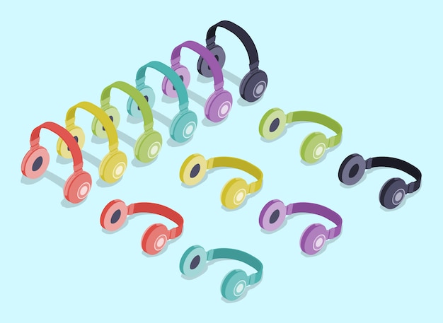 Cuffie colorate isometriche Vettore Premium