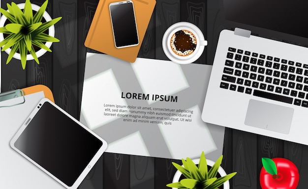 Derisione della carta, computer portatile, telefono, nota, tazza di un caffè, pianta vista dall'alto sulla scrivania in legno con effetto luce solare finestra Vettore Premium
