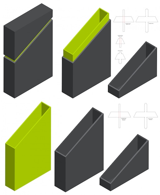 Design del modello fustellato di imballaggio della scatola. mock-up 3d Vettore Premium