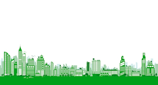 Design di città verde di edificio e albero con spazio di copia Vettore Premium
