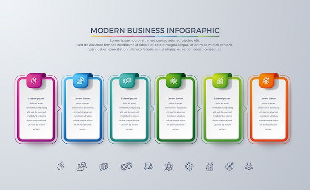 Design moderno di infographic di affari con 6 scelte di processo o passaggi. Vettore Premium