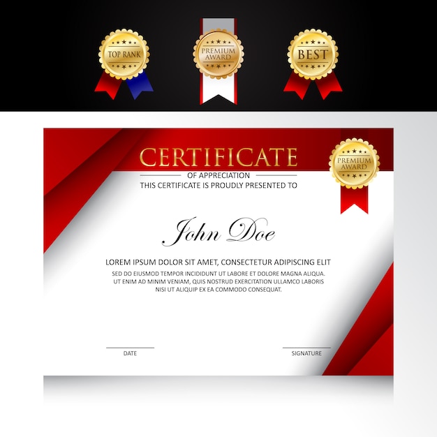 Design moderno modello certificato con opzioni di badge Vettore Premium