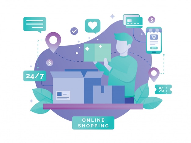 Design piatto vettoriale con l'e-commerce e lo shopping online Vettore Premium