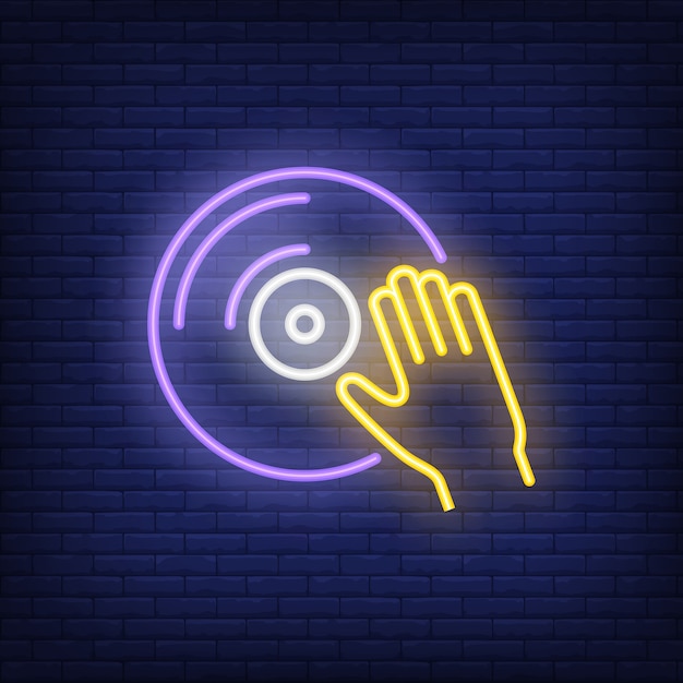 Disco in vinile con segno al neon a mano Vettore gratuito