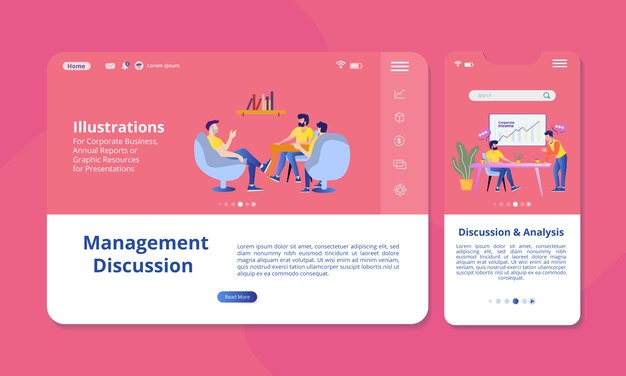Discussione e analisi illustrazione sullo schermo per web o display mobile. Vettore Premium