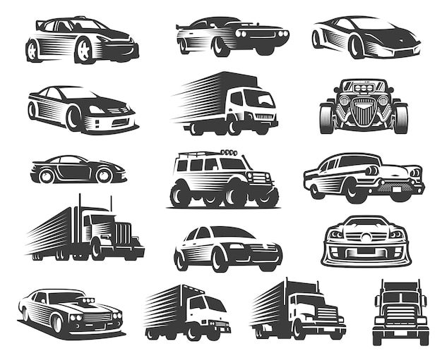 Diversi tipi di set di illustrazione di automobili, collezione simbolo auto, pacchetto di icone di auto Vettore Premium