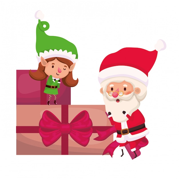 Regali Di Natale Donna.Donna Dell Elfo E Del Babbo Natale Con I Contenitori Di Regali Vettore Premium