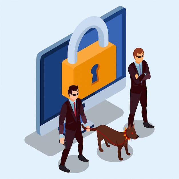 Due guardie di sicurezza e un cane in piedi per la custodia di un computer illustrazione isometrica Vettore Premium