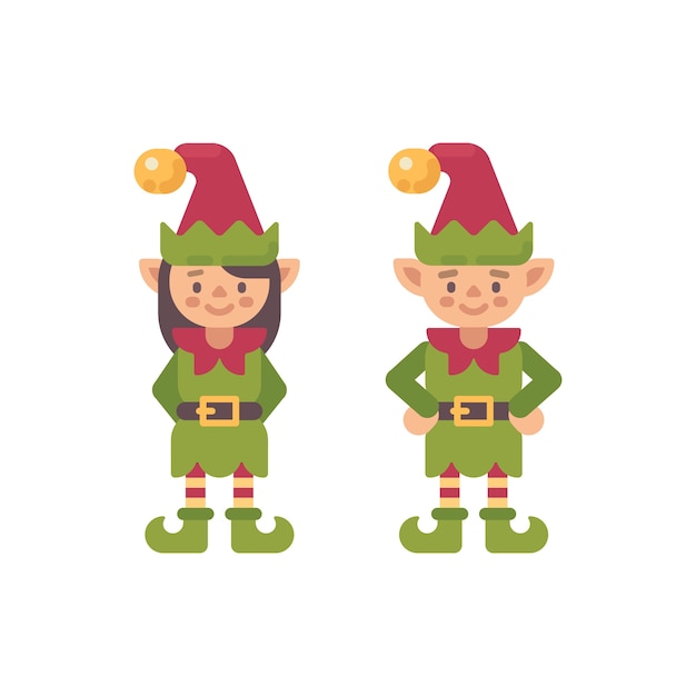 Elfi Di Babbo Natale Disegni Colorati.Due Simpatici Elfi Natalizi Maschio E Femmina Illustrazione Di Carattere Piatto Elfo Di Babbo Natale Vettore Premium