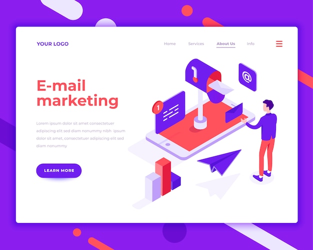E-mail marketing persone e interagire con l'illustrazione di vettore isometrico cellulare Vettore Premium