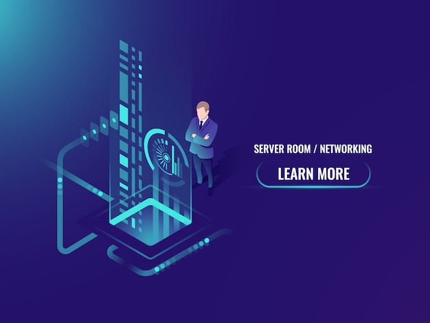 Elaborazione del flusso di dati isometrici, informazioni sicure sul concetto di cloud server Vettore gratuito