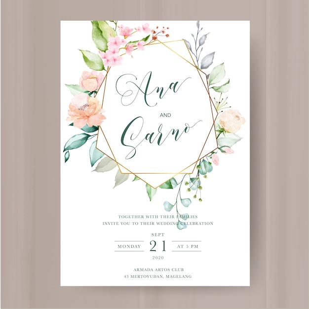 Elegante invito floreale con cornice di fiori ad acquerelli Vettore Premium