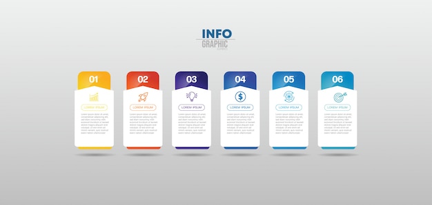 Elemento di infografica con icone e 6 opzioni o passaggi. può essere utilizzato per processo, presentazione, diagramma, layout del flusso di lavoro, grafico informativo, web design. Vettore Premium
