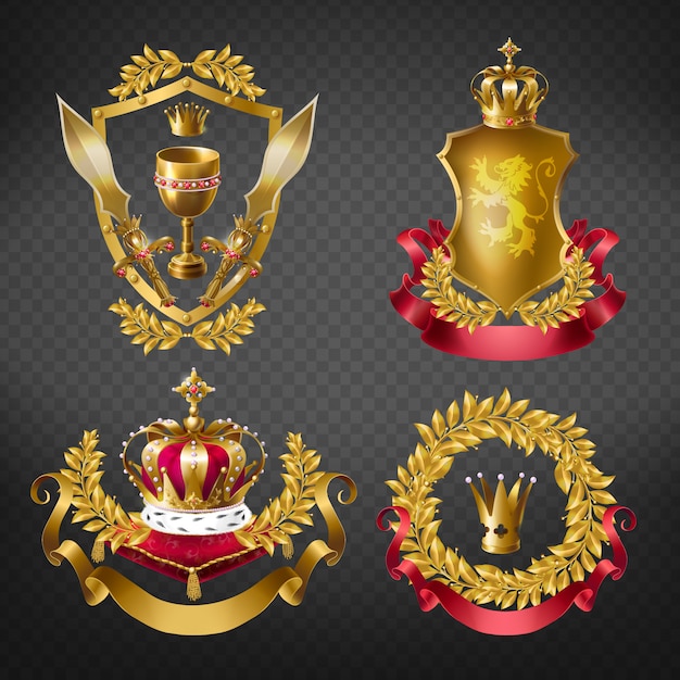 Emblemi araldici reali con corone d'oro monarca, scudo, corona di allori corona, nastro, calice e spada Vettore gratuito