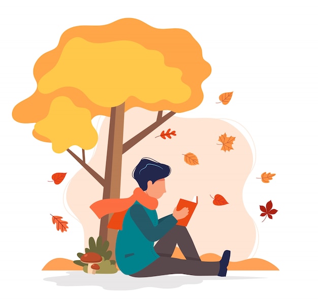 Equipaggi la seduta con il libro sotto l'albero in autunno. Vettore Premium