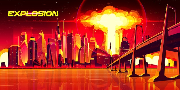 Esplosione nucleare nella metropoli della città. le coppie stanno sul ponte che guarda sulla nuvola di fungo ardente della detonazione della bomba atomica che si alza sotto gli edifici dei grattacieli, fine del mondo. illustrazione di cartone animato Vettore gratuito