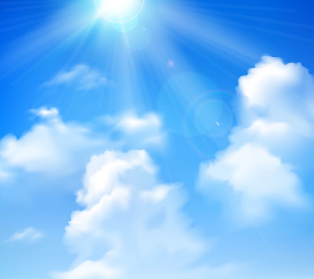 Esponga al sole splendere in cielo blu con il fondo realistico delle nuvole bianche Vettore gratuito