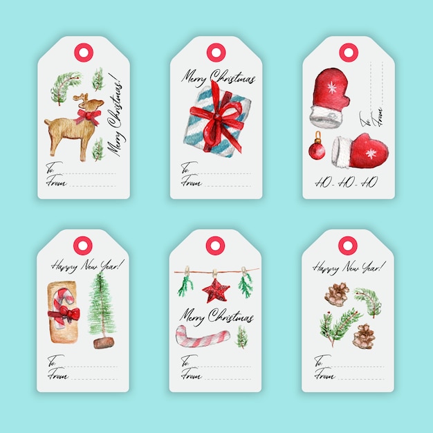Etichette colorate di buon natale dell'acquerello con elementi di natale e lettere disegnate a mano. Vettore Premium