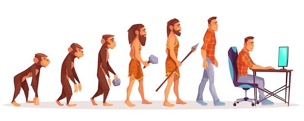 Evoluzione umana della scimmia al programmatore dell'uomo moderno, utente del computer isolato su bianco. Vettore gratuito