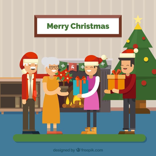 Regali Natale Famiglia.Famiglia Che Scambia I Regali Di Natale Vettore Gratis