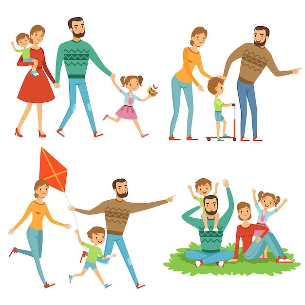 Famiglia felice che cammina nel parco. Vettore Premium