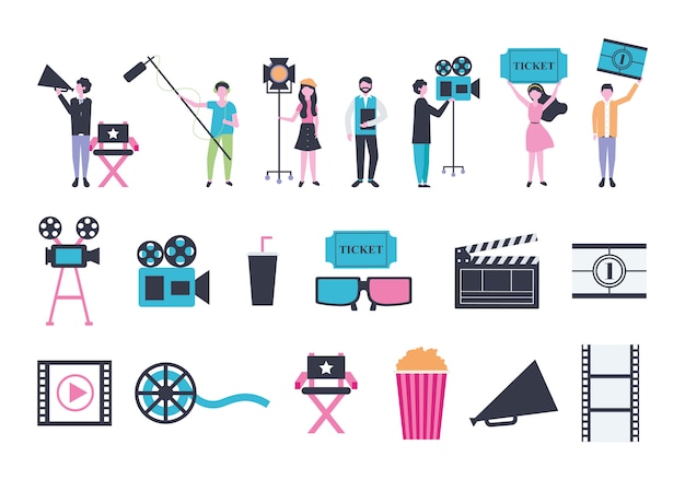 Fascio di icone di intrattenimento persone e cinema Vettore gratuito