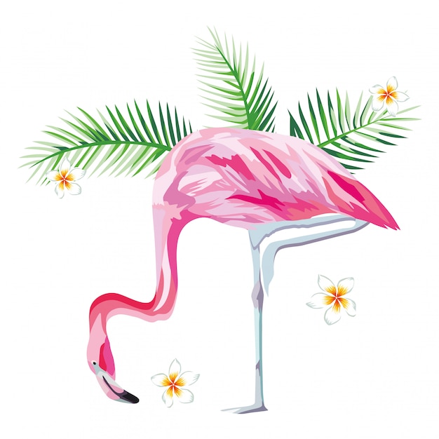 Fenicottero rosa con spiaggia di piante e fiori tropicali Vettore Premium