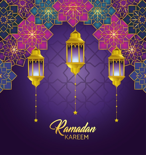 Fiori geometrici con lampade pendenti a ramadan kareem Vettore gratuito