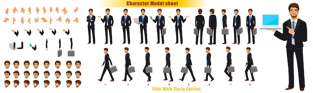 Foglio di modello del personaggio dell'uomo d'affari con il foglio di camminata foglio di sprite di animazione Vettore Premium