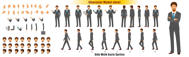 Foglio di modello del personaggio dell'uomo d'affari con il foglio di camminata foglio di sprite di animazione Vettore Premium